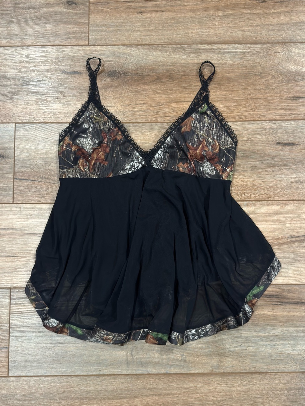 Y2k Black Lace Babydoll Top W/ Realtree Camo Western Trim | Size Large